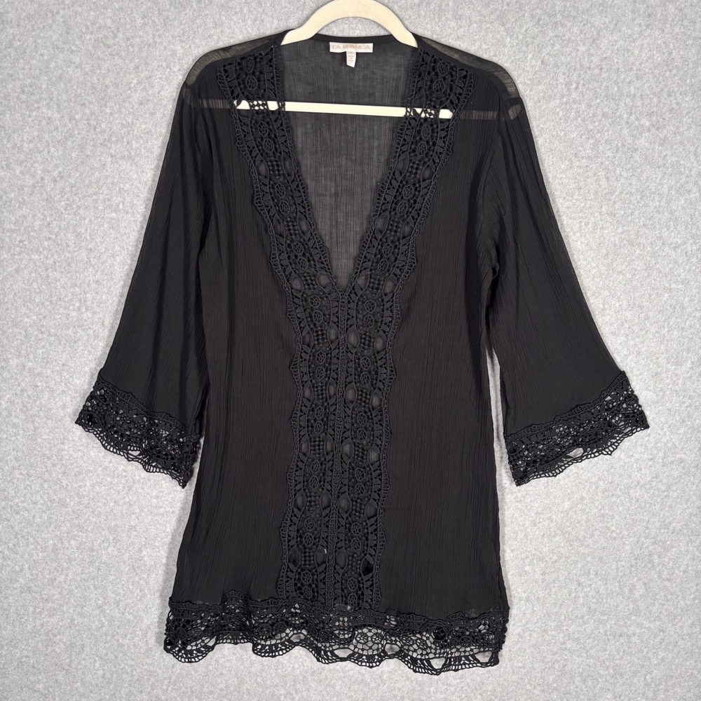 La Blanca Gauze Crochet Swim Cover Up Small Black Sheer Crinkle Tunic Resortwear